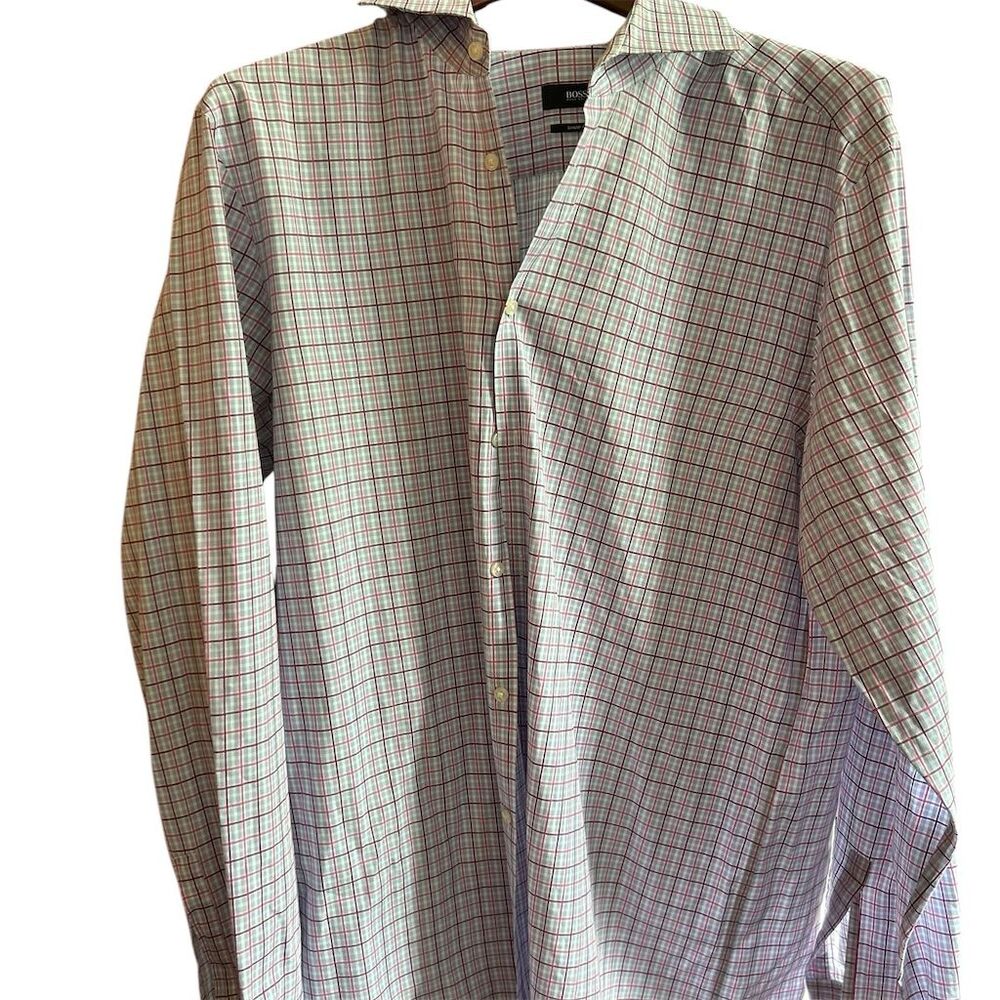 BOSS Hugo Boss Men's Plaid Dress Shirt‎ Sharp Fit Button-Up Size 17.5 like new